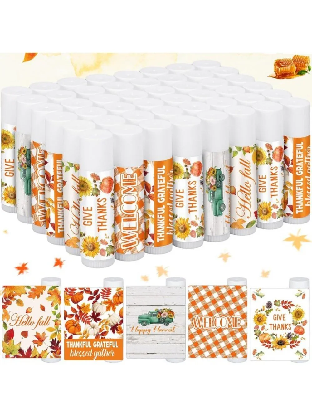 25 Pcs Fall Lip Balm Set - Honey Flavor Thanksgiving Party Favors, Cute Gift